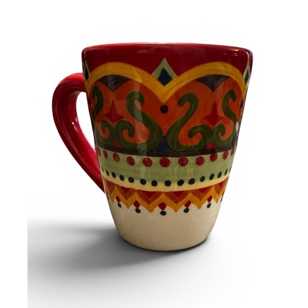 Corsica Rivoli Hand Painted Coffee‎ Mug Red Multicolor Southwestern 16 oz